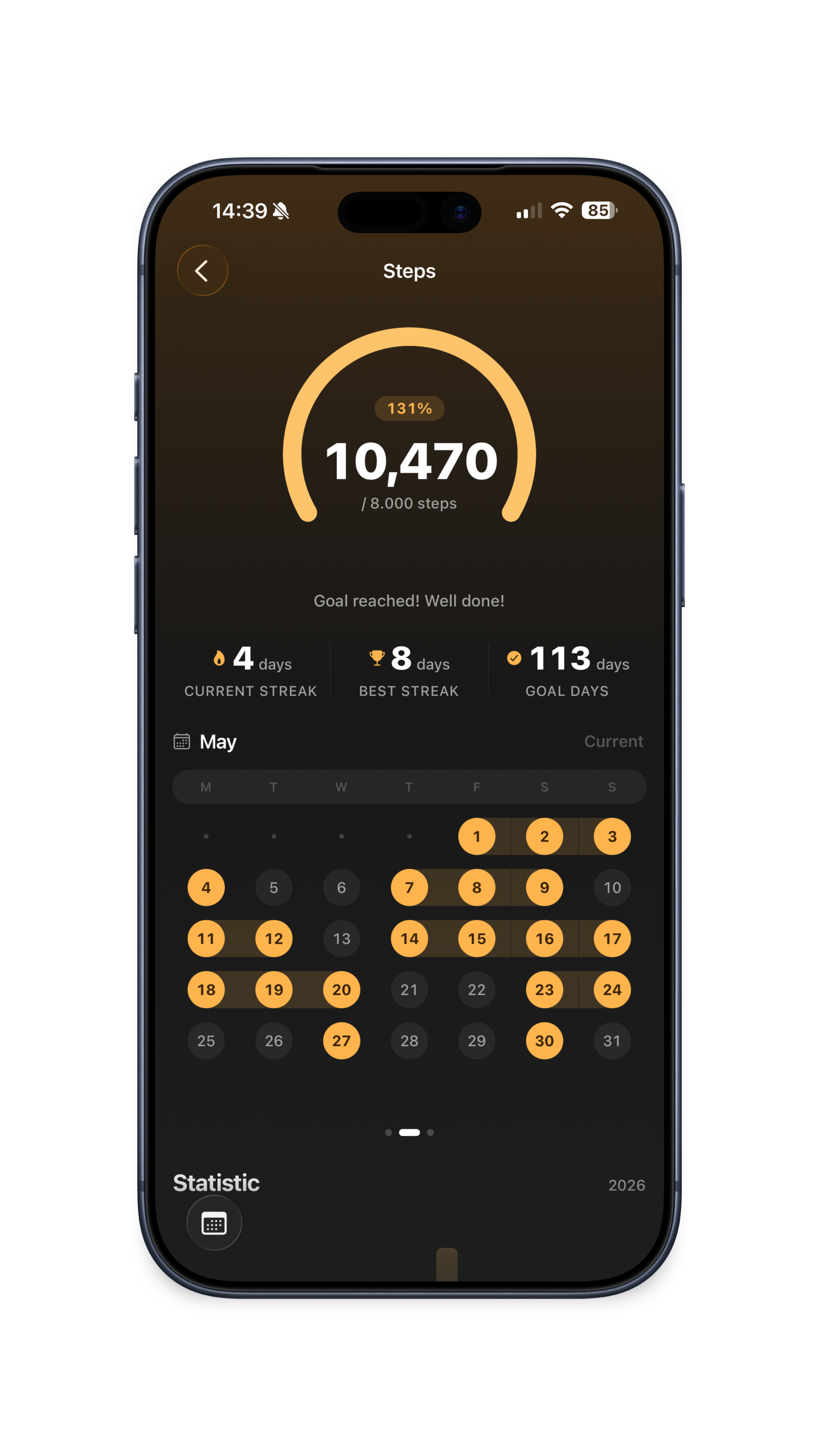 Habits screen with daily goal progress, current and best streaks, and a monthly calendar