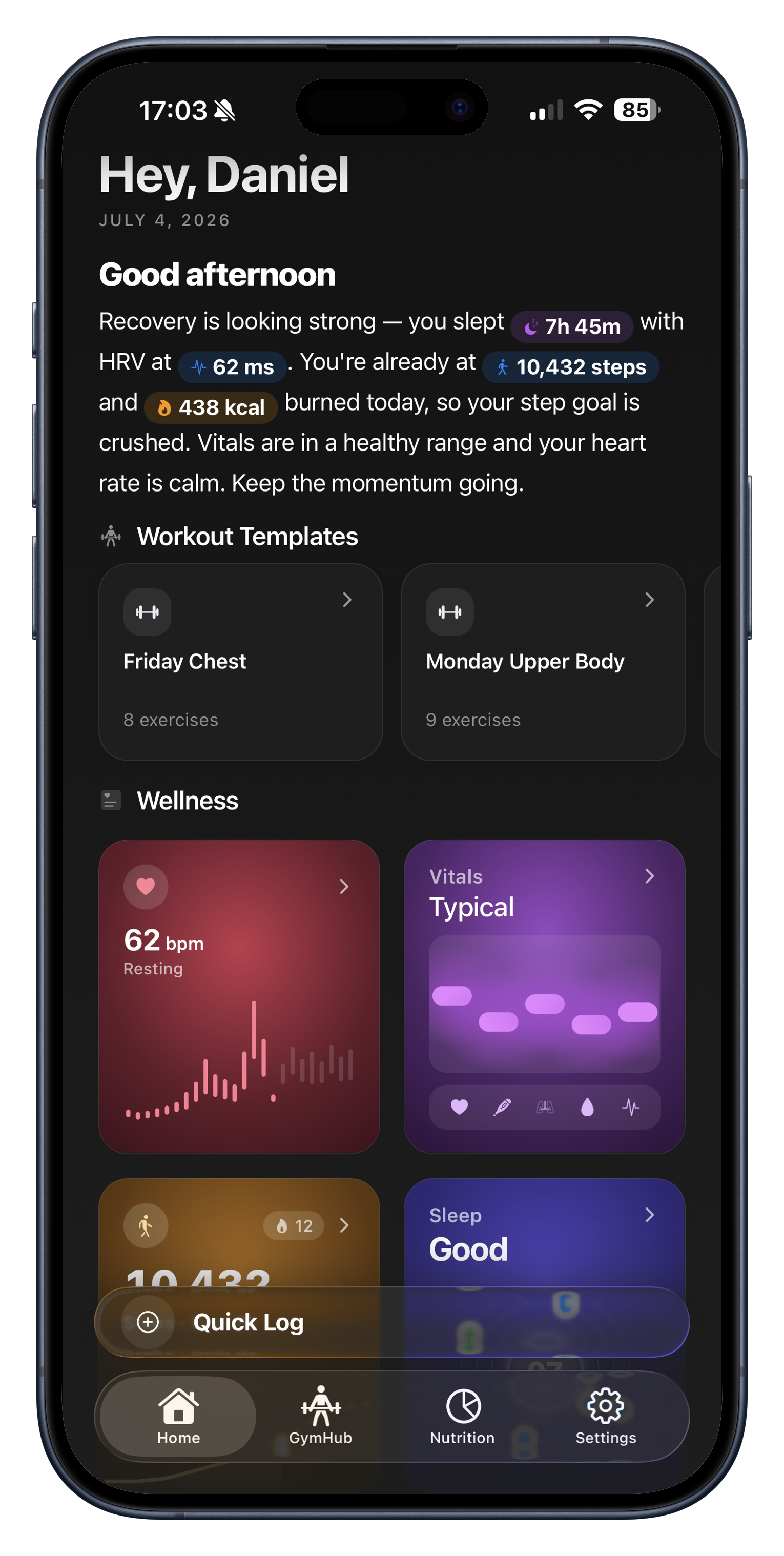 GymHub on iPhone — home screen with workouts, wellness, and health metrics
