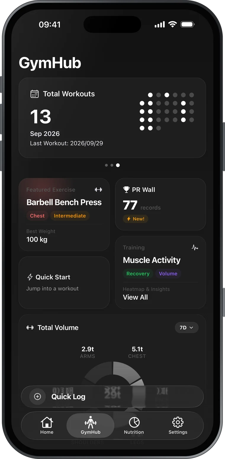GymHub tab with total workouts, featured exercise, PR Wall and total volume