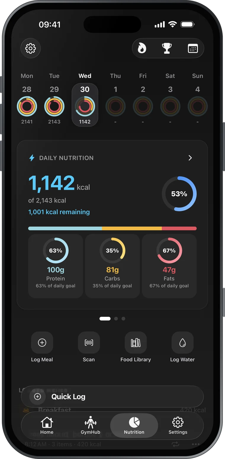 Nutrition screen with daily calorie rings for the week and a protein, carbs and fat breakdown