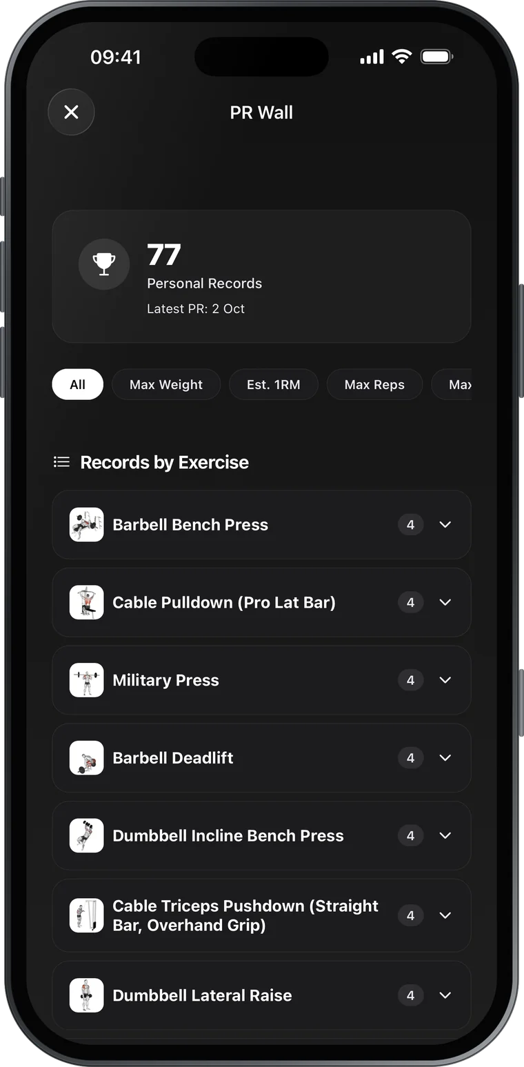 PR Wall with 77 personal records grouped by exercise
