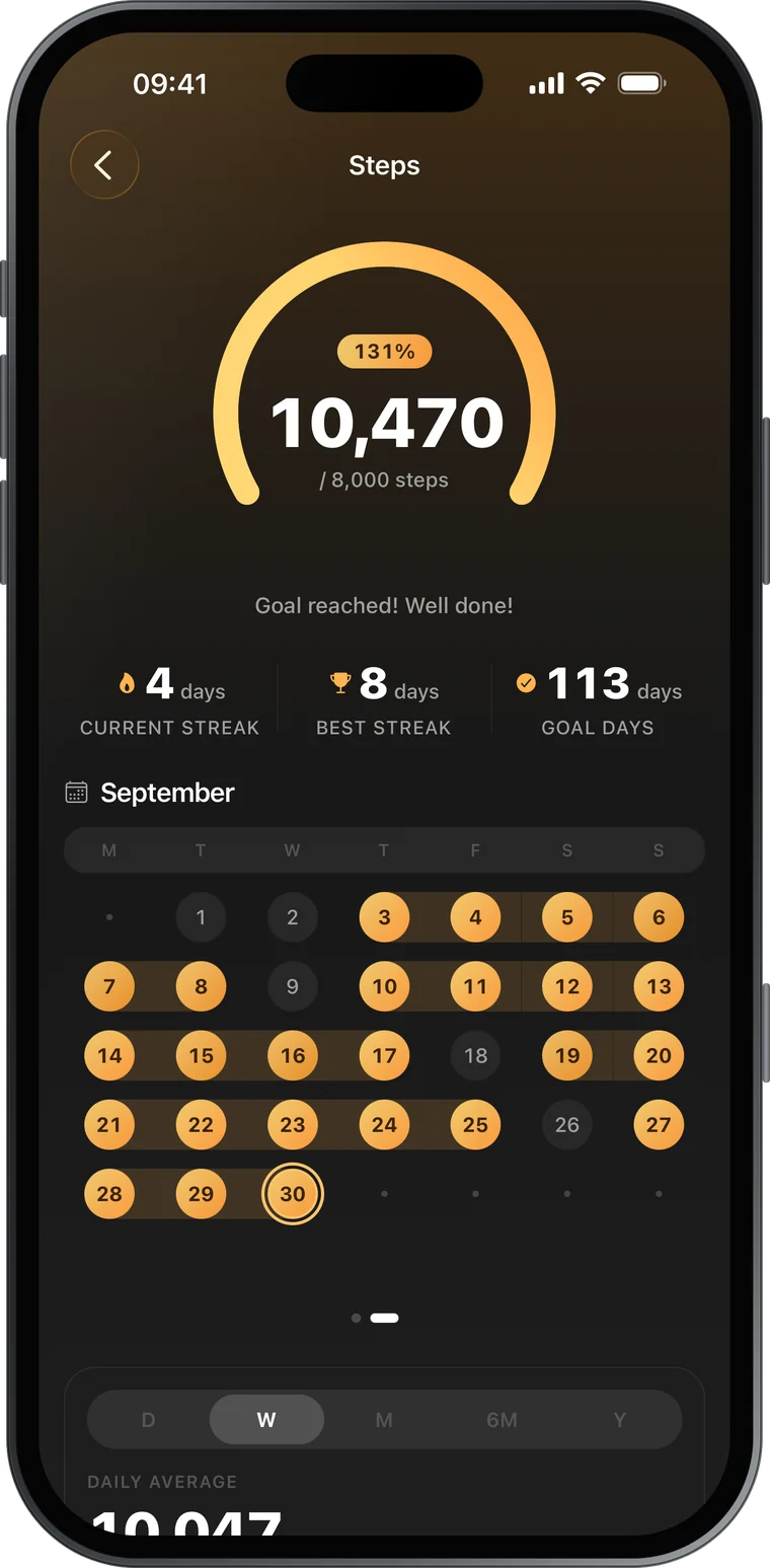 Steps screen with goal progress, current and best streaks, and a monthly calendar