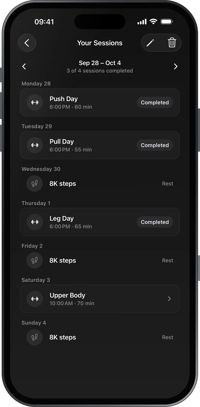 Your Sessions screen with Push, Pull, Legs and Upper Body planned across the week