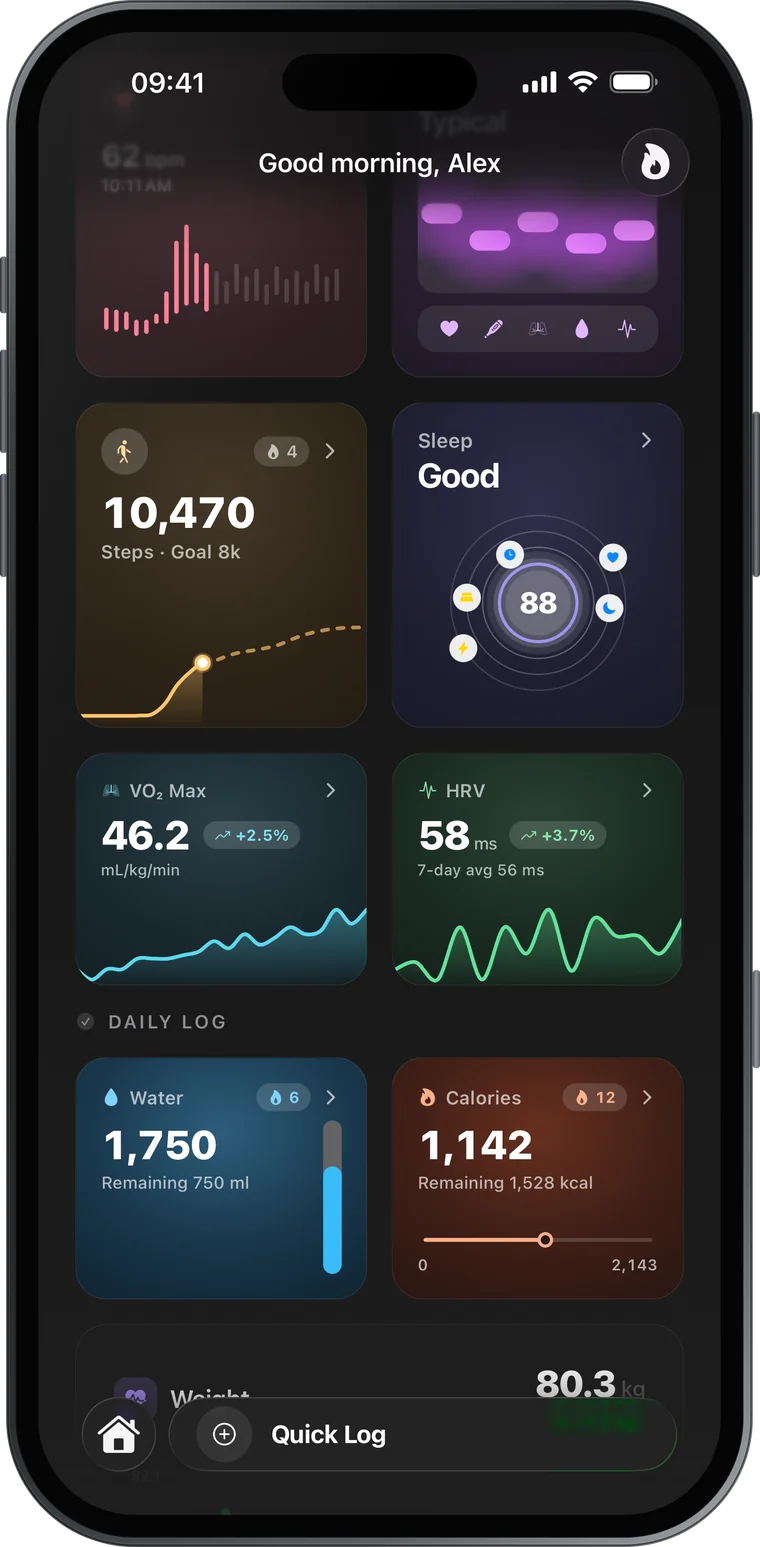 GymHub wellness cards for steps, sleep, VO₂ max, HRV, water and calories synced from Apple Health