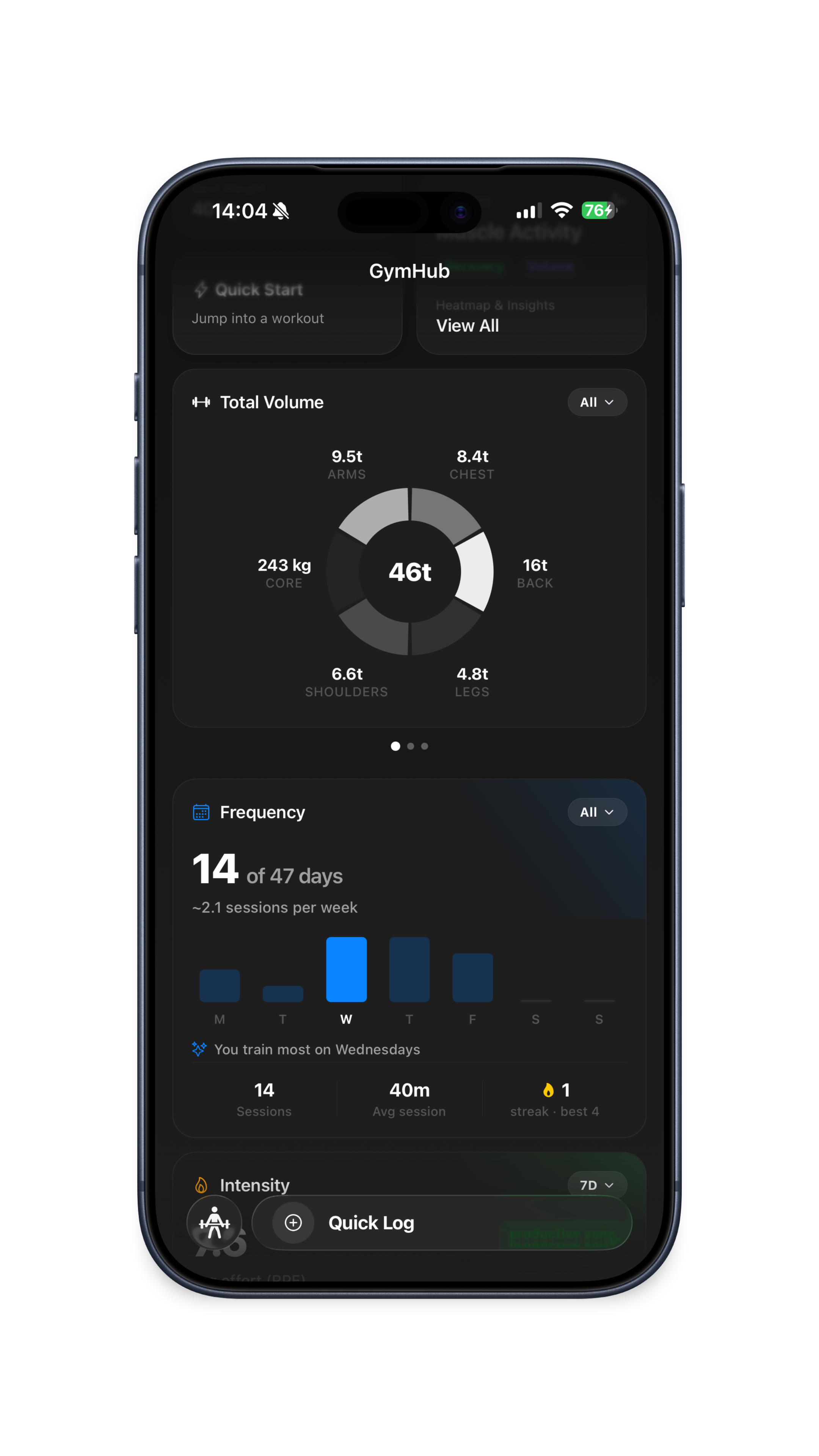 GymHub stats — total volume, frequency, and intensity cards